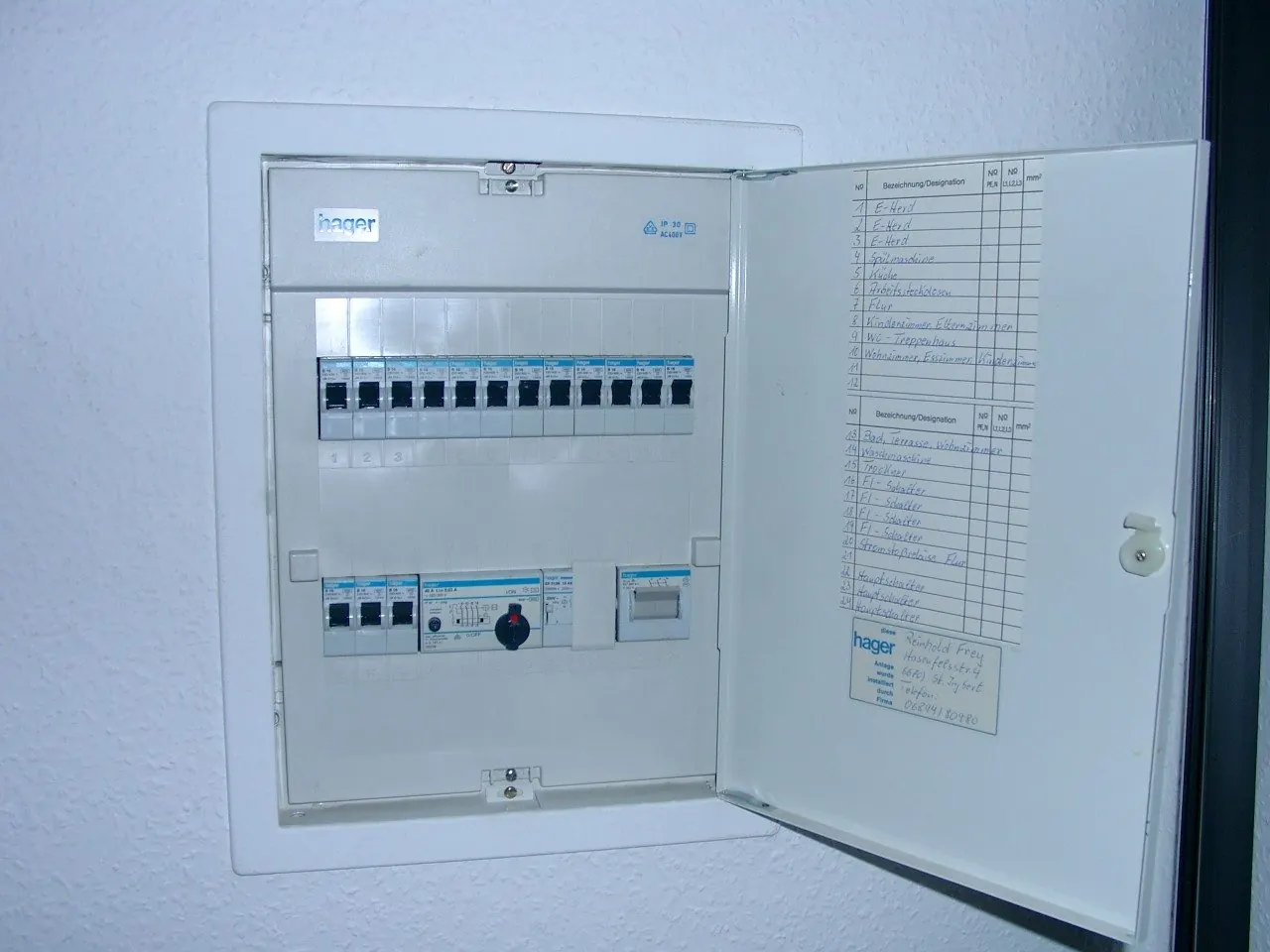 Cuadro eléctrico empotrado en la pared con la puerta abierta y la hoja de circuitos