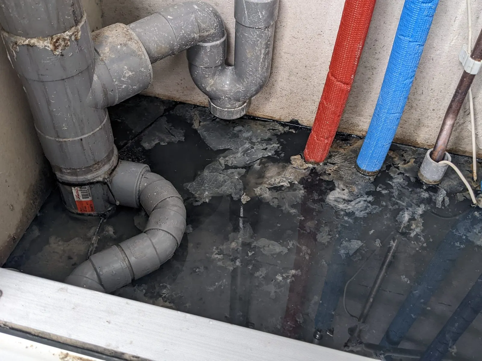 Agua estancada bajo un plato de ducha desmontado, con desagües grises y tubos rojo y azul